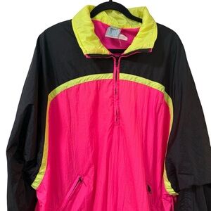 Neon colorblock fleece lined windbreaker pink black yellow mens LARGE Gorpcore
